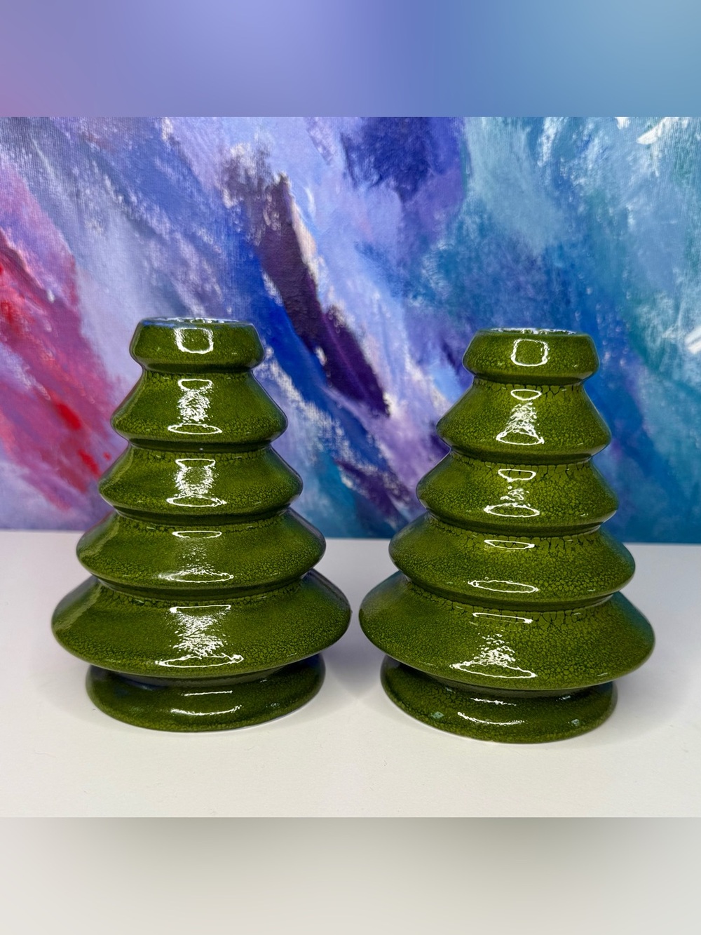Pair of Green Ceramic Christmas Tree Taper Candle Holders Winter Holiday Season